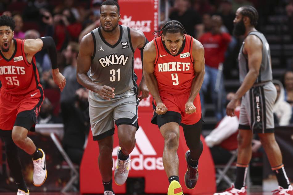 Houston Rockets guard Josh Christopher (9) reacts after scoring during the fourth quarter against the Brooklyn Nets at Toyota Center. Troy Taormina, USA TODAY Sports/Reuters.