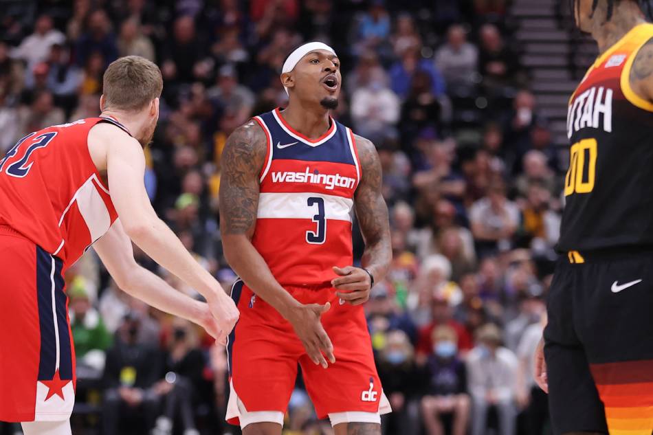 Washington Wizards guard Bradley Beal (3) reacts to a play in the third quarter against the Utah Jazz at Vivint Arena. Rob Gray, USA TODAY Sports/Reuters.