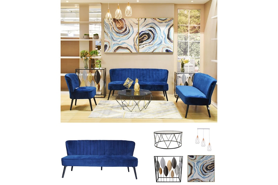 Heim Walsh 3-seater sofa, Ortiz center table, tropical console table, Ostron abstract painting, and Alphalux Lee pendant lamp. Photo source: Wilcon Depot