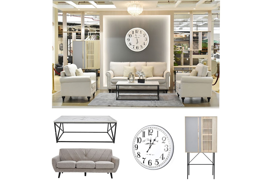 Safdie Russel center table, Heim 3-seater sofa, Samantha wall clock, and Smith 2-door cabinet. Photo source: Wilcon Depot