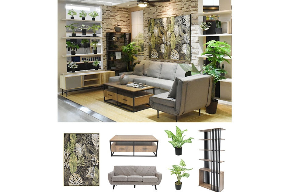 Heim Tropic Feel painting, Heritage Furniture Oliver entertainment table, Heim Rabiya 3-seater sofa, artificial potted plants, Heritage Furniture Curtis 6-layer shelf. Photo source: Wilcon Depot