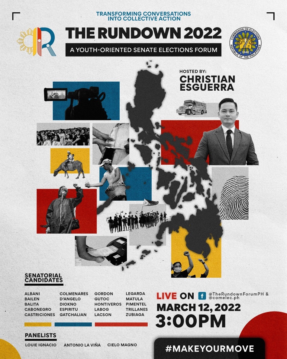 In this youth-oriented Senate Elections Forum, the youth can expect to hear senatorial candidates' platforms and stances on various national issues. They will also get to ask questions at the live Q&A segment. Photo source: The Rundown 2022