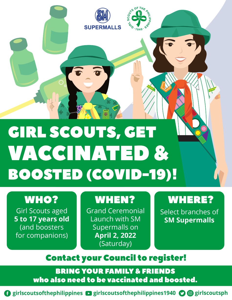 Girl Scouts can get their first vaccine dose at this vaccination drive, while their companions and senior scouts can get their boosters. Photo source: SM