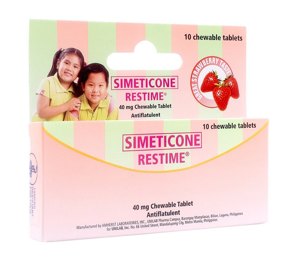 Children 2 and up who experience trapped air in their stomach can take (Simeticone) Restime Chewtab. Photo source: Unilab