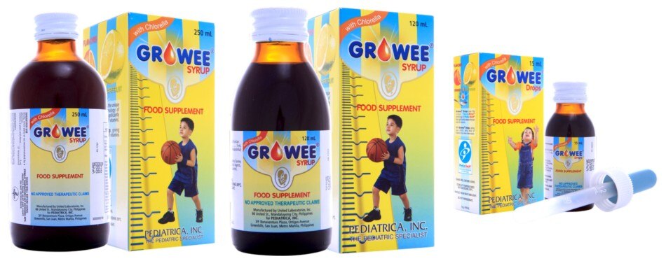 Growee is available in 250mL, 120 mL, and Growee Drops 15mL. Photo source: Unilab