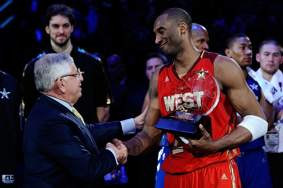 Kobe Bryant shakes hands with NBA Commissioner David Stern after Bryant was named MVP — his 4th — in the 2011 NBA All-Star Game at Staples Center on February 20, 2011 in Los Angeles. Kevork Djansezian, Getty Images/AFP/file