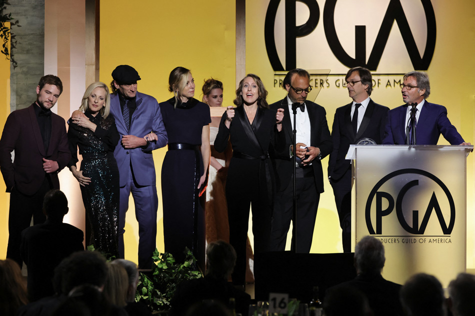 (L-R) Daniel Durant, Marlee Matlin, Troy Kotsur, Sian Heder, guest, Fabrice Gianfermi and Patrick Wachsberger accept the Darryl F. Zanuck Award for Outstanding Producer of Theatrical Motion Pictures for 