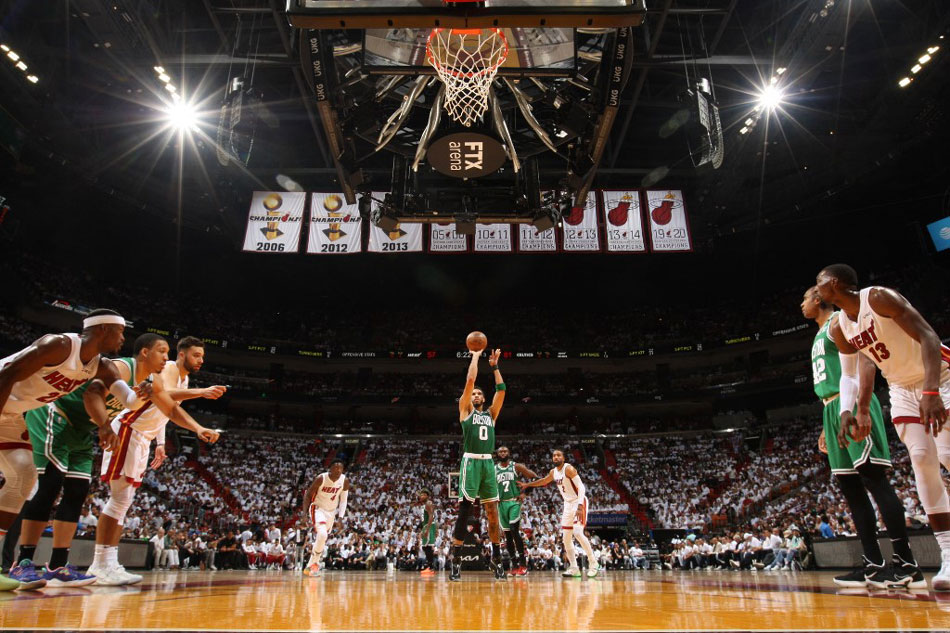 Jayson Tatum of the Boston Celtics shoots a free throw against the Miami Heat during Game 2 of the 2022 NBA Playoffs Eastern Conference Finals at FTX Arena in Miami, Florida. Issac Baldizon, NBAE via Getty Images/AFP