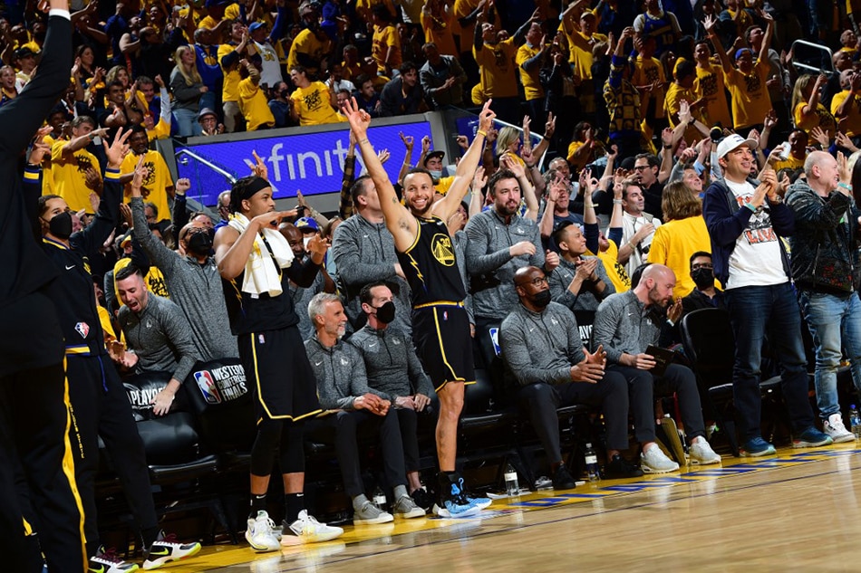 Stephen Curry (30) of the Golden State Warriors celebrates during Game 5 of the 2022 NBA Playoffs Western Conference finals at Chase Center in San Francisco, California. Noah Graham, NBAE via Getty Images/AFP