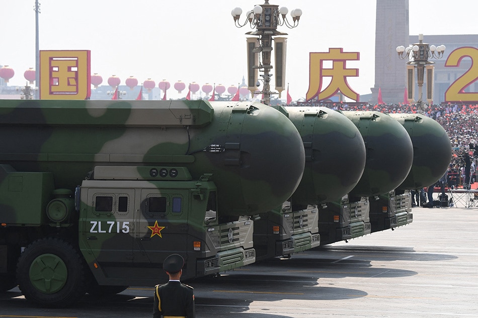 China's DF-41 nuclear-capable intercontinental ballistic missiles are seen during a military parade at Tiananmen Square in Beijing on October 1, 2019, to mark the 70th anniversary of the founding of the People's Republic of China. GREG BAKER / AFP