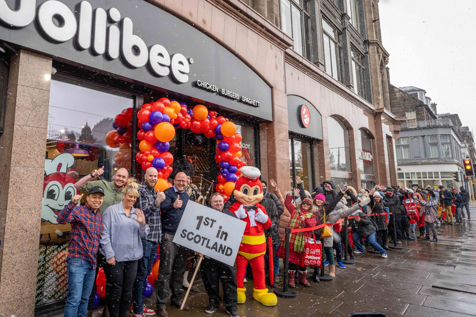 Despite the freezing weather, a long line of customers that snaked around the corner greeted the opening of the first Jollibee store in Scotland. Handout