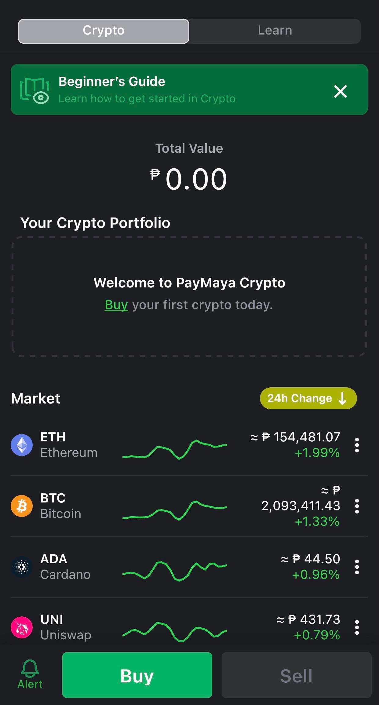 Screenshot of Maya's crypto feature