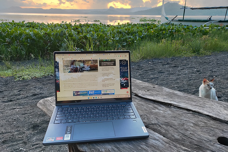 Testing the work-from-anywhere ability of the Lenovo Yoga 6 Gen 7 on the shores of Taal Lake in Balete, Batangas. Art Fuentes ABS-CBN News