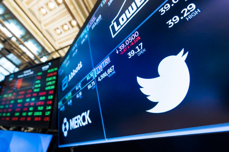 A screen shows the logo of Twitter on the floor of the New York Stock Exchange in New York, New York, USA, 16 May 2022. Twitter’s stock value has dropped recently due to uncertainty about Elon Musk’s reported plan to buyout the social media company. EPA-EFE/JUSTIN LANE