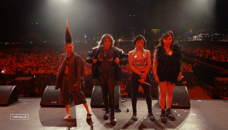 The members of K-pop girl group 2NE1 reunited at the Coachella Valley Music and Arts Festival. Screenshot from YouTube livestream