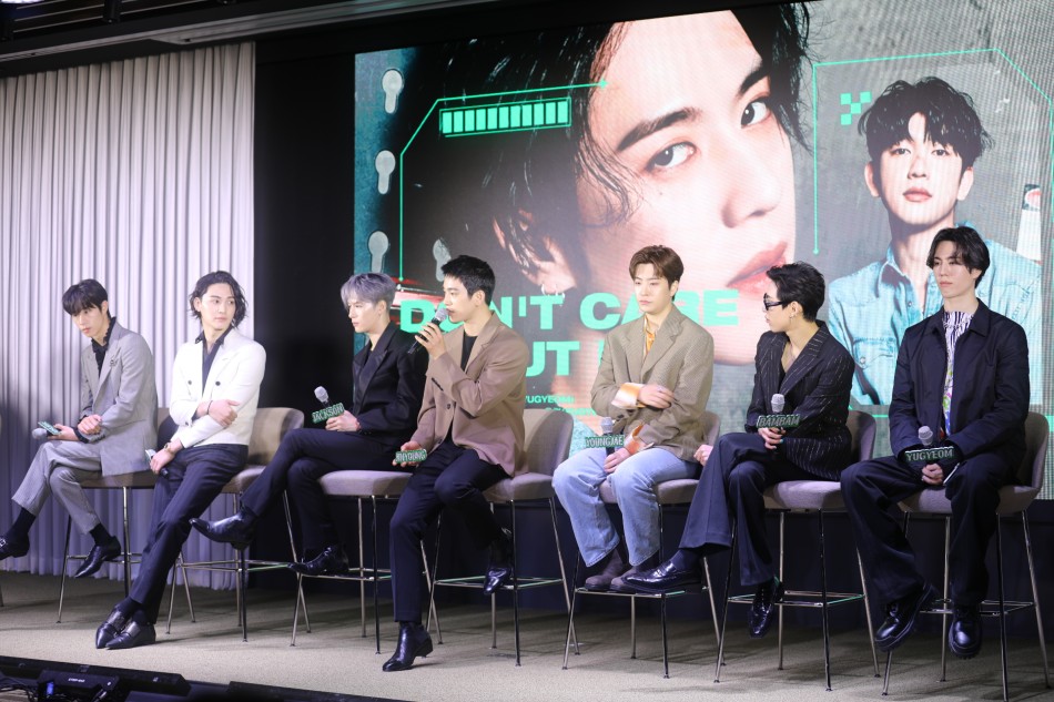 The members of K-pop boy band GOT7 hold a press conference ahead of the release of its self-titled extended play on May 23, 2022. Photo courtesy of Warner Music Korea