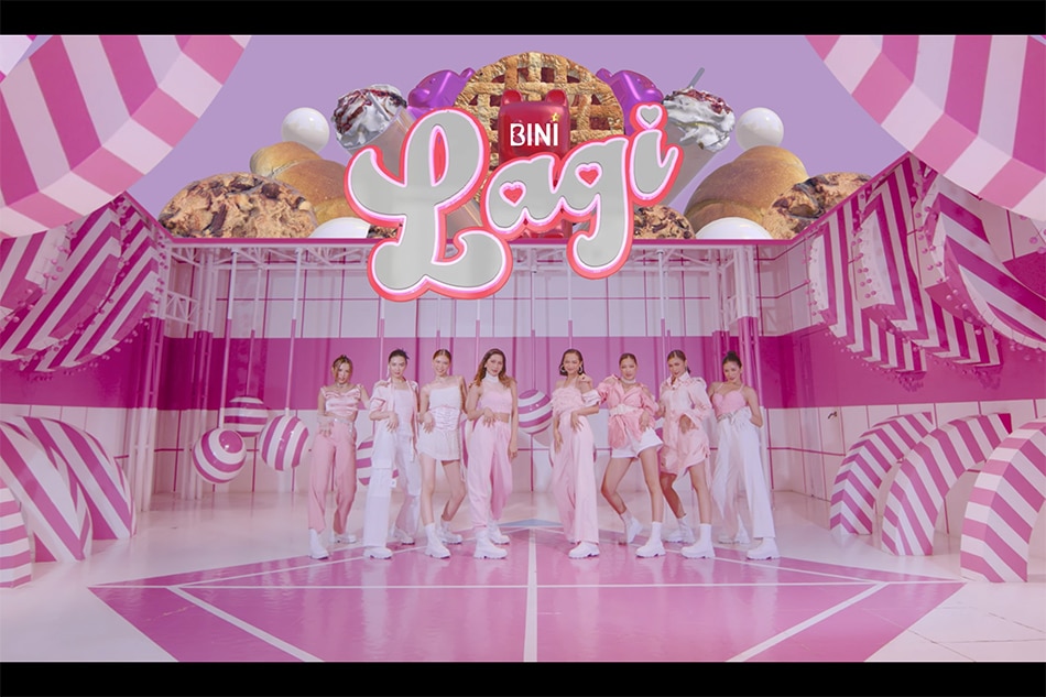 BINI members (from left) Maloi, Mikha, Stacey, Sheena, Gwen, Colet, Jhoanna, and Aiah perform ‘Lagi’ in the track’s music video. Star Music