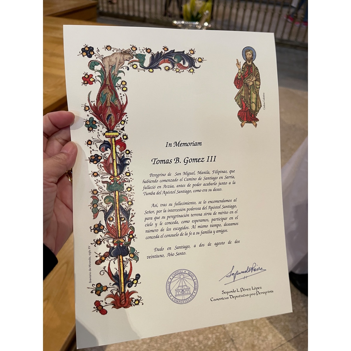 The late Buddy Gomez's Compostela Certificate. Photo courtesy of Karen Gomez-Dumpit
