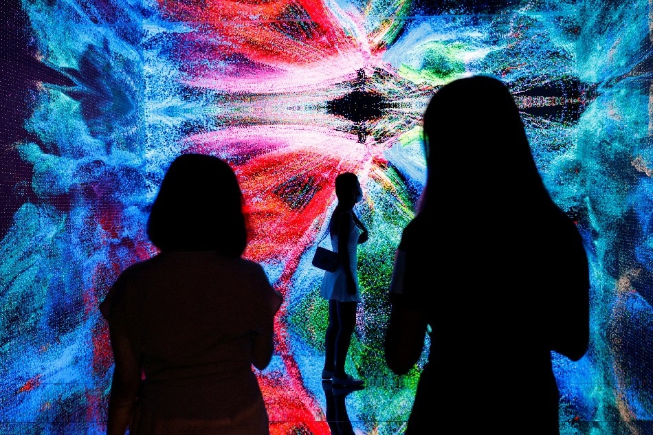 Visitors are pictured in front of an immersive art installation titled 