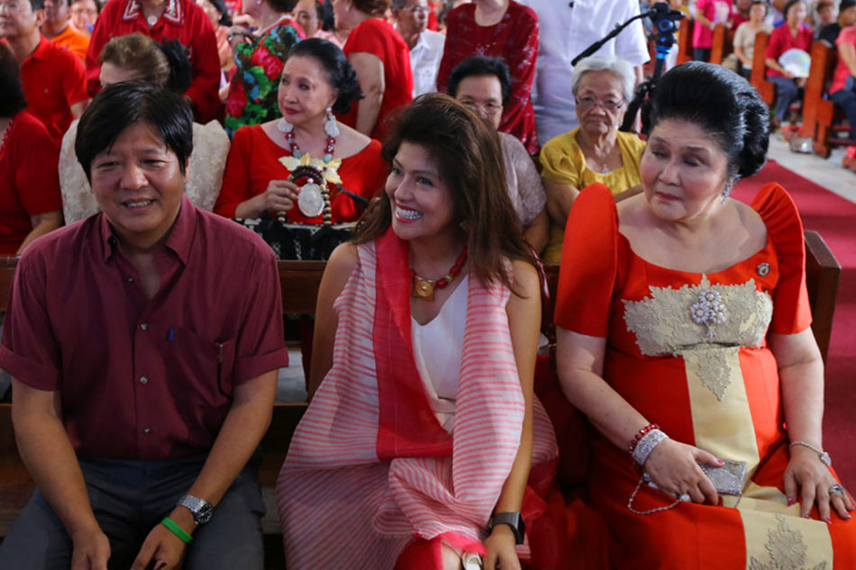 Former Philippine first lady and current Congress Representative Imelda Marcos with her children, Ilocos Norte Governor Imee Marcos and Senator Ferdinand 'Bongbong' Marcos attend her 85th birthday thankgiving mass at a church in Laoag city, Ilocos Norte province, northern Philippines, 02 July 2014. Francis Malasig, EPA/FILE