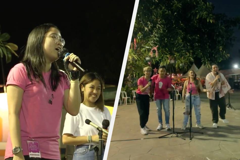 (From left) Nica del Rosario, Gab Pangilinan, Phi Palmos, Vic Robinson, Tanya Manalang, and Reb Atadero perform during the ‘Teatro Robredo-Pangilinan’ musical event on Sunday. Screenshot: Team Leni Robredo