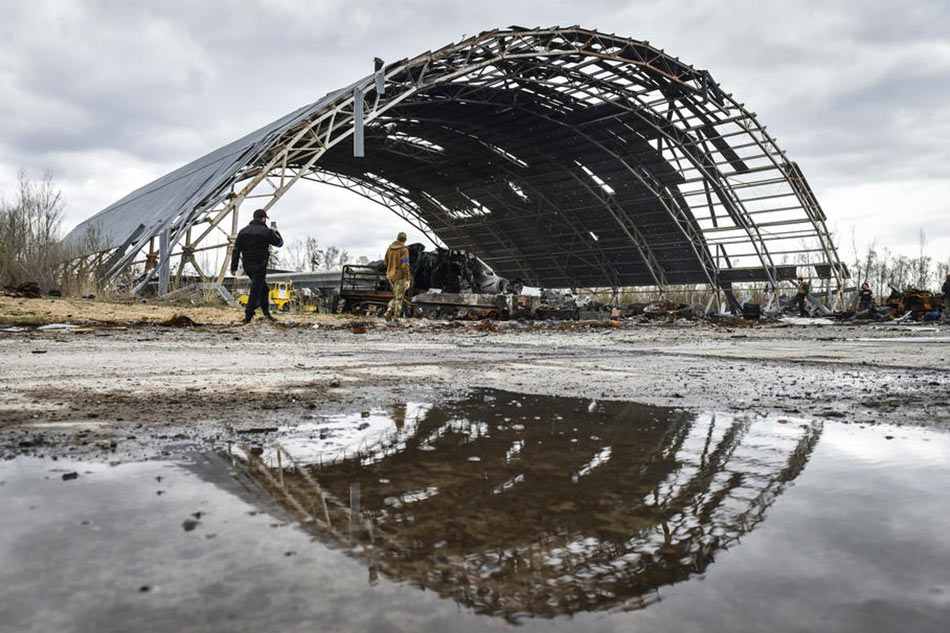 The damaged hangar containing the wreckage of the world's largest plane, the Ukrainian cargo Antonov An-225 Mriya 'Dream', is seen at the Gostomel airfield near Kyiv, Ukraine, on April 8, 2022. Oleg Petrasyuk, EPA-EFE