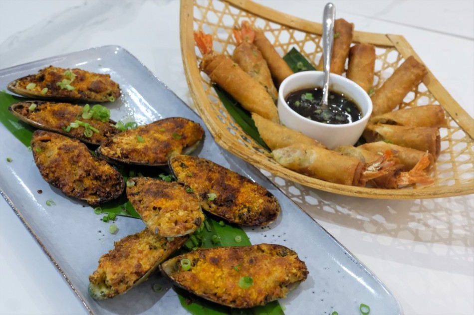Baked Mussels and Crispy Shanghai Hipon. Jeeves de Veyra