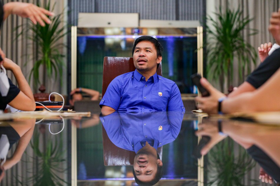 Presidential candidate Senator Manny Pacquiao speaks to reporters during a press conference inside his mansion in General Santos City on May 7, 2022. George Calvelo, ABS-CBN News