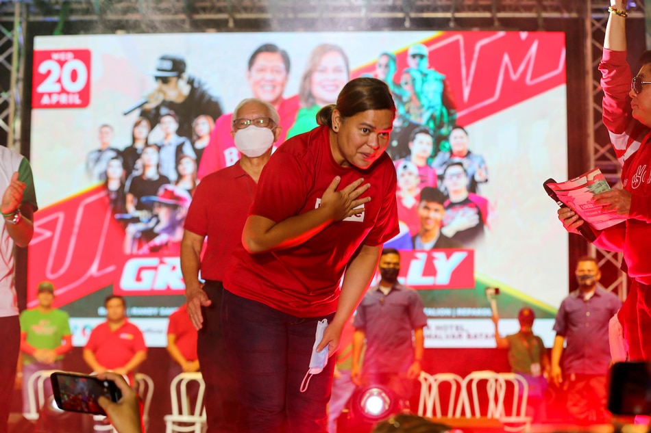 Vice Presidential candidate Davao City Mayor Sara Duterte-Carpio greets supporters during a grand rally at the Lima Commercial Estate along the border of Lipa and Malvar Batangas on April 20, 2022. Jonathan Cellona, ABS-CBN News