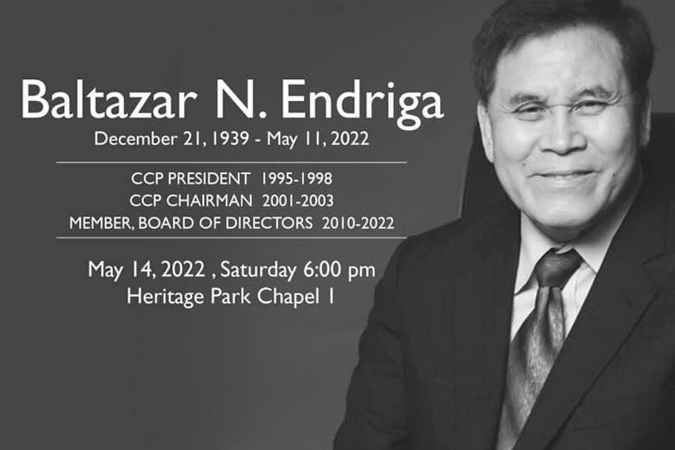 Former CCP chairman Baltazar Endriga dies | ABS-CBN News