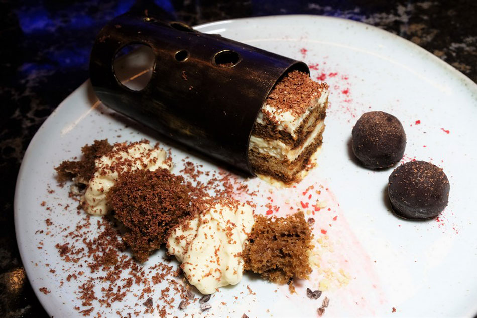 Break the chocolate pipe to reveal the tiramisu made from Chef Angioletti’s family recipe. The sweet Brown Brother Moscato went will with this, though a cappuccino would also work as a dessert pairing. Jeeves de Veyra
