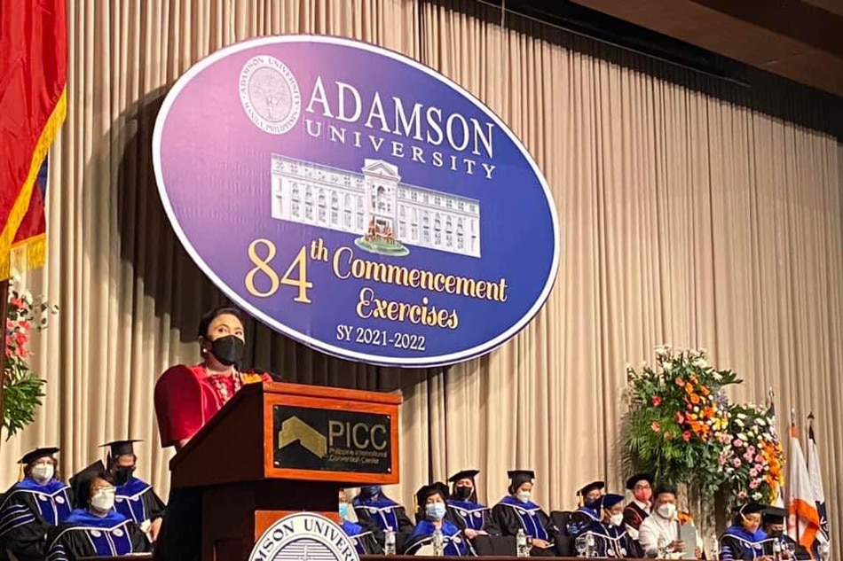  Former Vice President Leni Robredo talks about fighting misinformation and volunteerism at Adamson University's 84th commencement exercises in Pasay City on July 14, 2022. Photo courtesy: Adamson University/Twitter