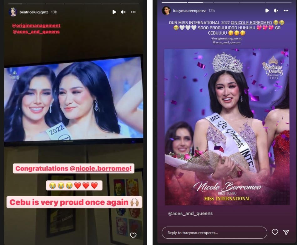 Screengrabs from @beatriceluigigmz and @tracymaureenperez on Instagram Stories