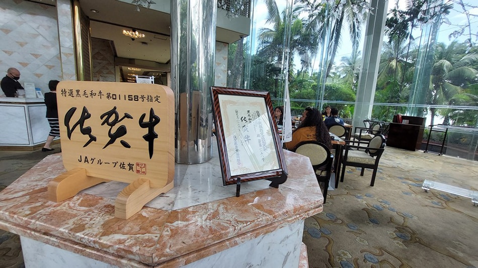 Saga Gyu plaque and certificate on display at Yurakuen Japanese Restaurant. Jeeves de Veyra