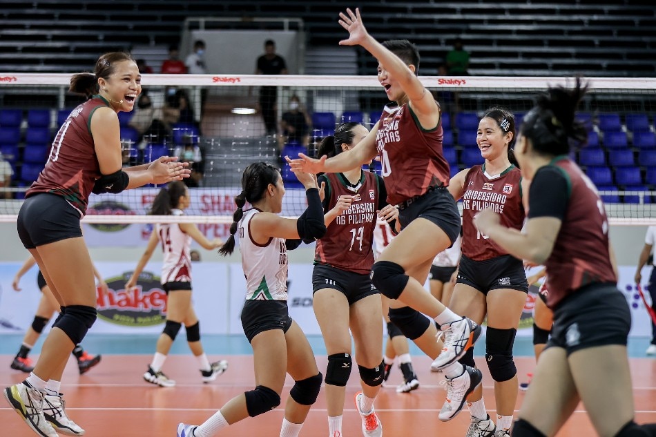 The UP Fighting Maroons celebrate after beating Perpetual Help in the Shakey's Super League. Photo courtesy of the SSL.