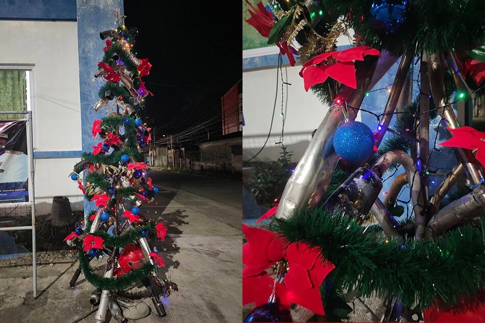 Agaw-atensyon ang Christmas tree sa istasyon ng pulis sa bayan ng Urbiztondo, Pangasinan na gawa sa mga tambutso ng motorsiklo. Courtesy: Urbiztondo police.