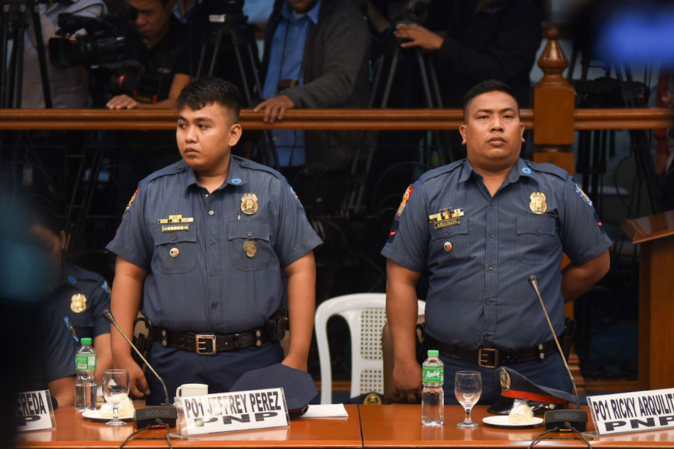Caloocan police PO1 Jeffrey Perez and PO1 Ricky Arquilita, who were involved in the death of Carl Angelo Arnaiz attend the senate hearing, Tuesday. George Calvelo. ABS-CBN News