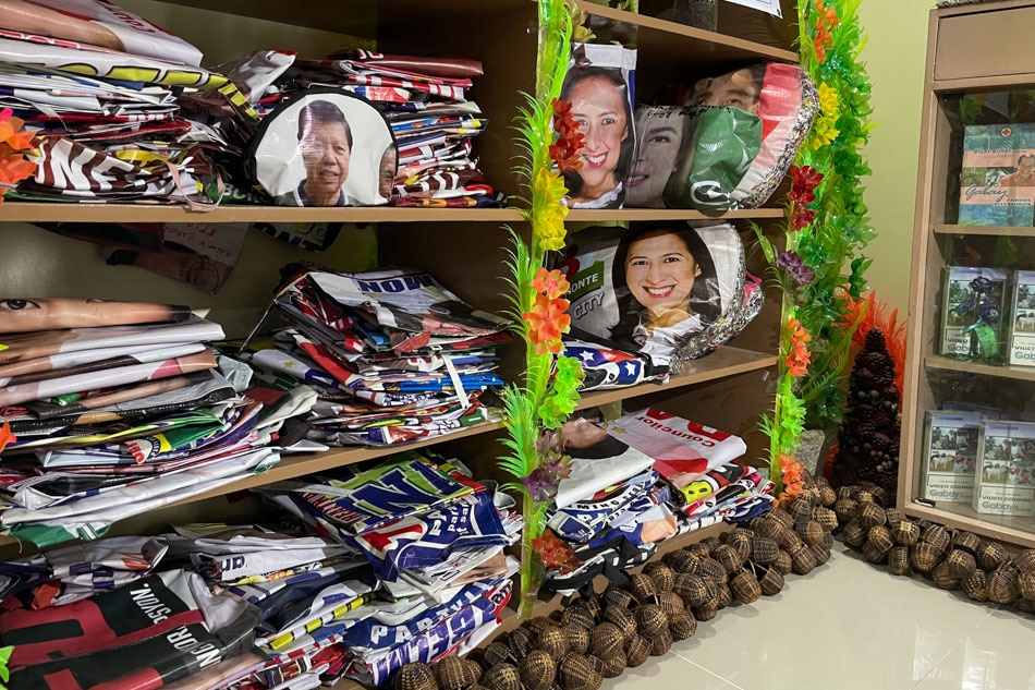 Election posters and tarpaulin take on a new form, this time as bags, aprons, even pillows, and are displayed in the livelihood department of Barangay Holy Spirit, Quezon City. Most of the items are eventually sold in a public market at a very low price. Rafael Bosano, ABS-CBN News