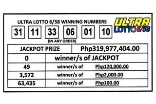 Over P319.9 million up for grabs in Ultra Lotto draw