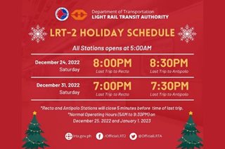 LRT-2 may pinaikling operating hours sa Dec. 24 at 31