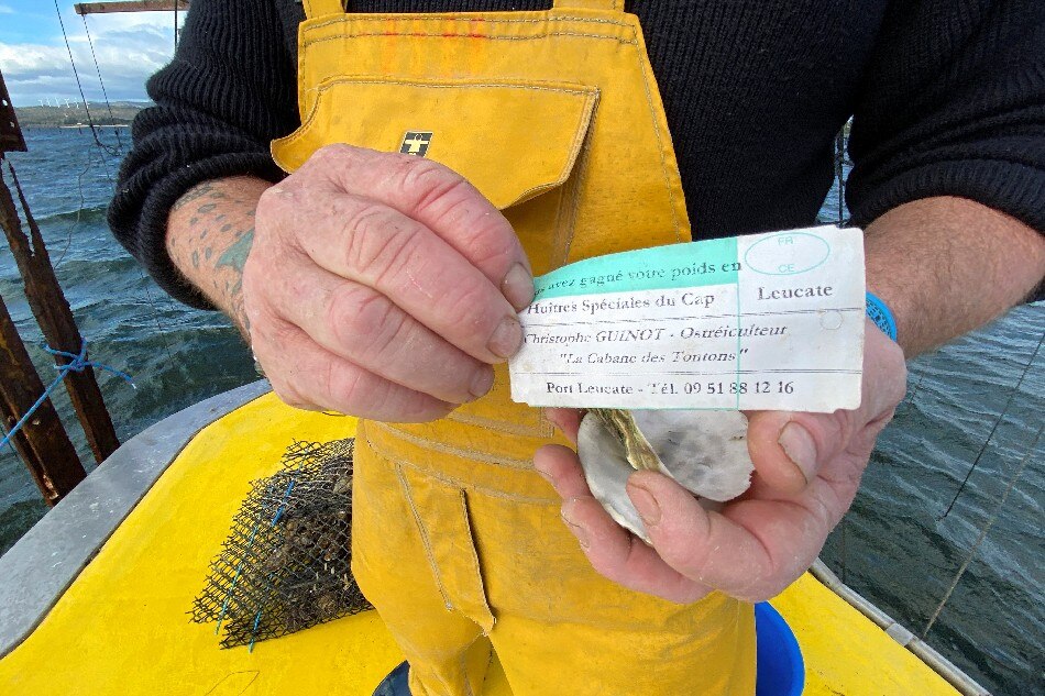 French oyster farmer Christophe Guinot shows a note left in an empty shell to warn customers they are buying from thieves, near Leucate, southern France, December 28, 2021. Picture taken December 28, 2021. Reuters