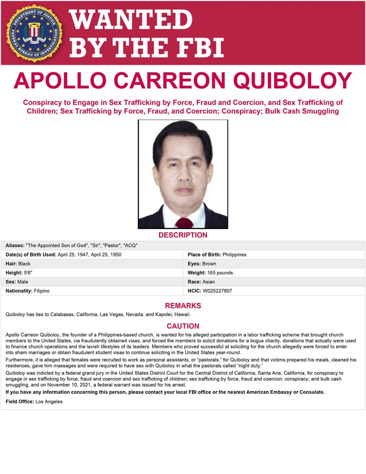 The FBI's wanted poster for religious leader Apollo Quiboloy, who was indicted for sex trafficking last year. February 5, 2022. U.S. Federal Bureau of Investigation.