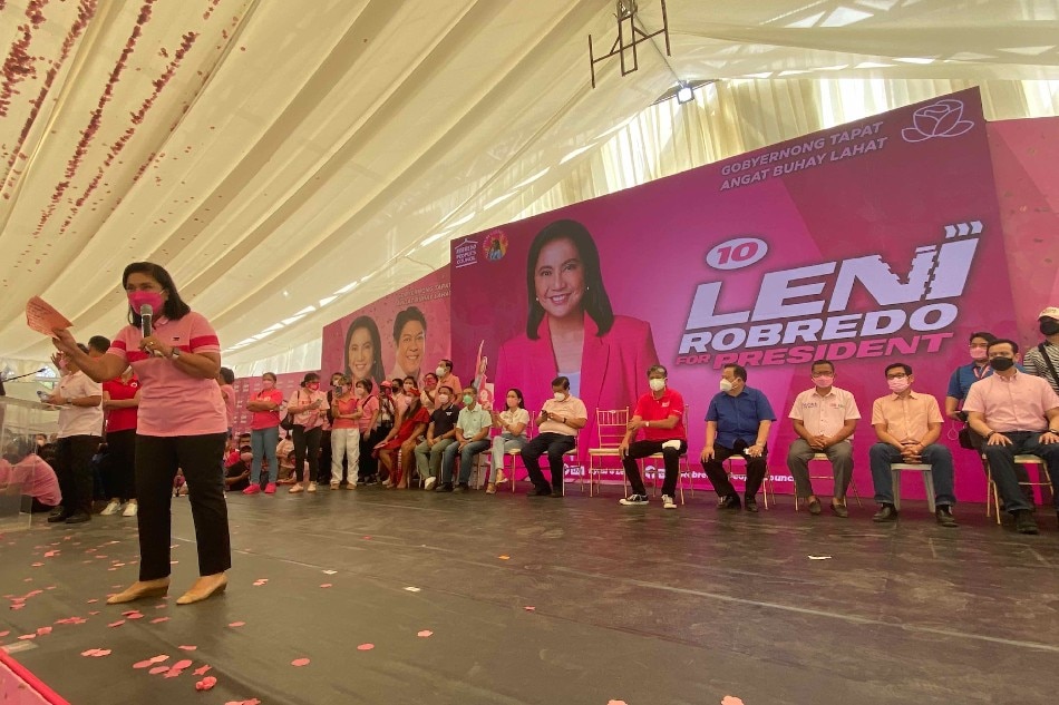 Vice President Leni Robredo, who is running for President this May, delivers a speech during her team's campaign rally on Feb. 13, 2022 at the Quezon Memorial Circle in Quezon City. Fernando Sepe, Jr./ABS-CBN News
