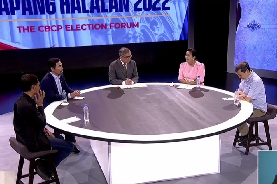 Presidential candidates Leody De Guzman, Norberto Gonzales, Sen. Manny Pacquiao and Vice President Leni Robredo discuss issues during a forum organized by the Catholic Bishops Conference of the Philippines (CBCP) on March 25, 2022. Photo courtesy: CBCP News/screengrab