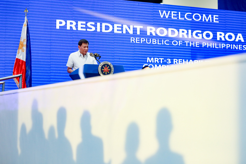President Rodrigo Duterte delivers his speech during the completion ceremony of the Metro Rail Transit Line-3 rehabilitation project at the Shaw Boulevard Station in Mandaluyong City on March 22, 2022. Toto Lozano, Presidential Photo