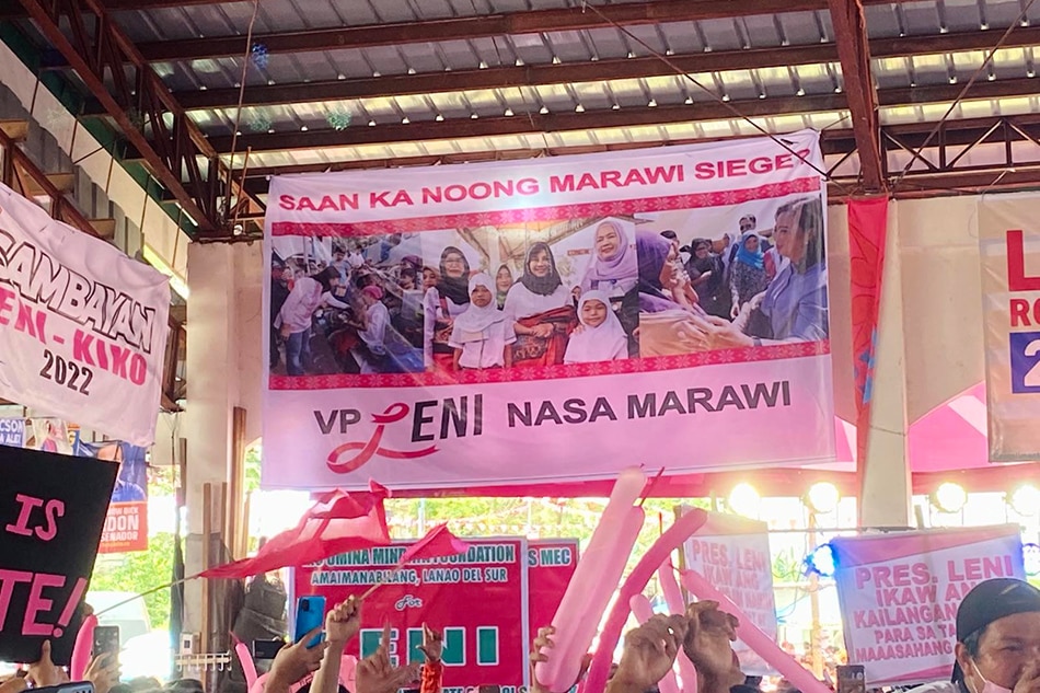 Supporters from the Angat Buhay Village hung a tarpaulin asking politicians where they were during the Marawi siege, and declaring that Vice President Leni Robredo was with them. Wena Cos, ABS-CBN News