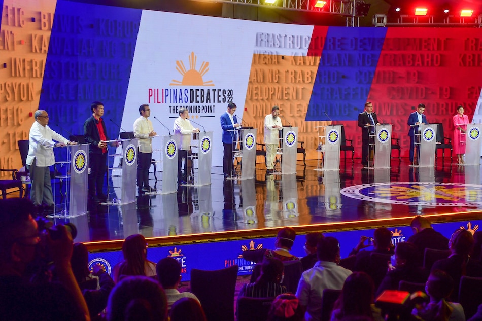 Nine out of 10 Presidential candidates share the stage during #PilipinasDebates2022: The Turning Point- The 2nd Presidential Debate at the Sofitel Tent in Pasay City on April 3, 2022. Mark Demayo, ABS-CBN News