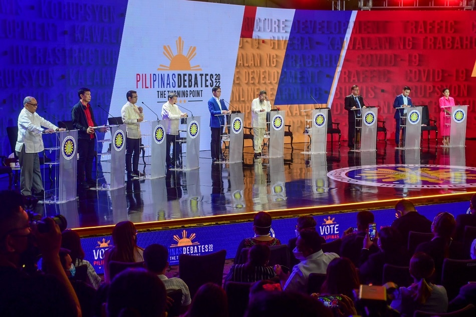 Nine out of 10 Presidential candidates share the stage during #PilipinasDebates2022: The Turning Point- The 2nd Presidential Debate at the Sofitel Tent in Pasay City on April 3, 2022. Mark Demayo, ABS-CBN News