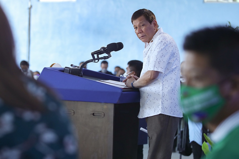 President Rodrigo Duterte delivers a speech following his inspection of the Mataasnakahoy Evacuation Center in Batangas on April 4, 2022. Robinson Niñal, Presidential Photo