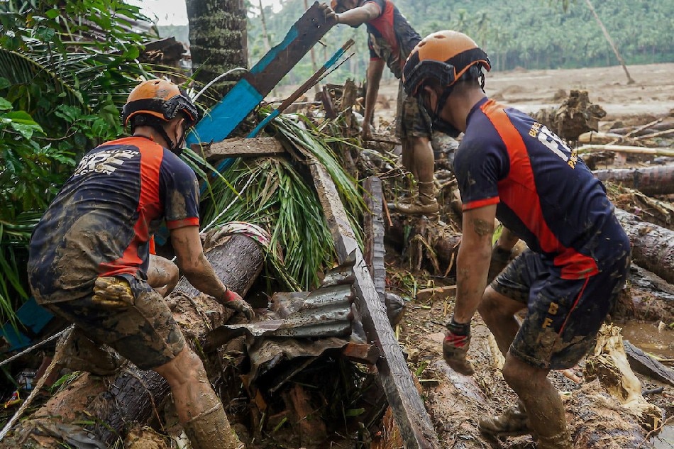Members of the Bureau of Fire Protection, Philippine National Police, Philippine Army, Philippine Coast Guard and volunteers from the local government unit conduct a Search, Rescue and Retrieval operation IN Brgy. Kantagnos, Baybay City, Leyte on April 12, 2022. BFP Region VIII handout photo
